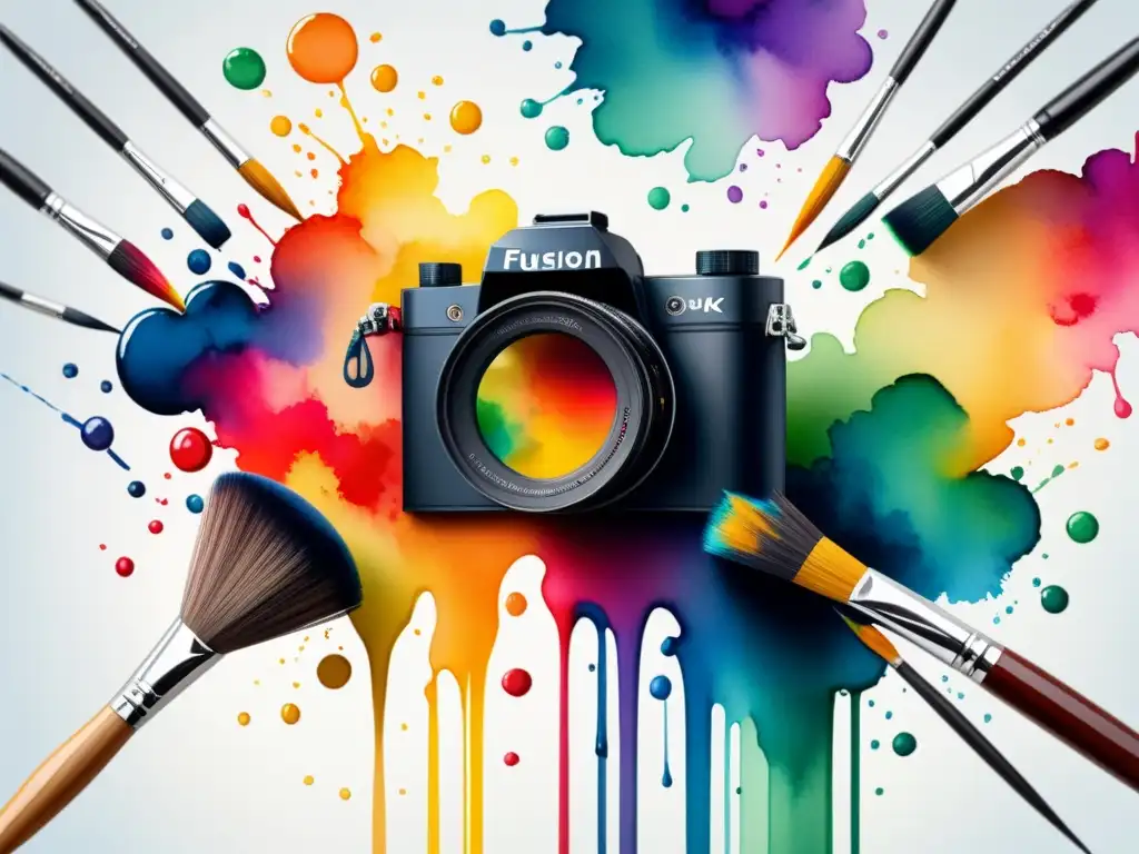 Una fusión armoniosa entre la fotografía y el arte digital: cámara y pincel se unen en una explosión de color y creatividad
