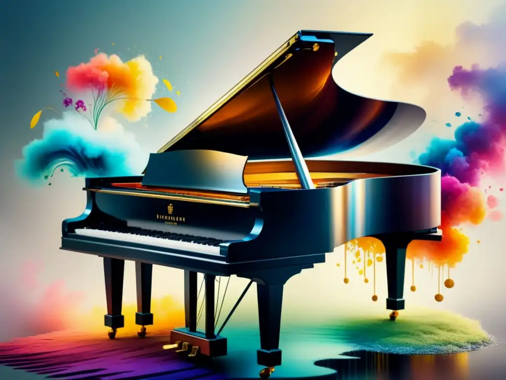 Una fusión armoniosa de música y arte visual: un piano se funde con un lienzo vibrante en una sinfonía de colores y notas musicales fluidas