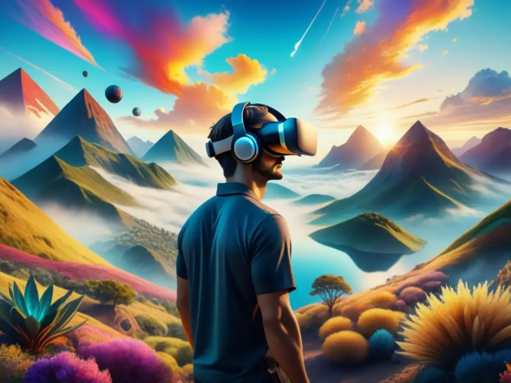 Explorando la fusión de mundos en arte visual: persona con auriculares de realidad virtual en un paisaje surrealista