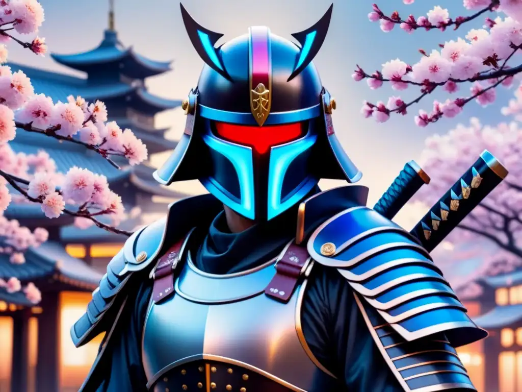 Armadura samurái cyberpunk|Katana futurista y cerezos brillantes Una fusión perfecta de la estética japonesa en la cultura: armadura samurái tradicional con elementos cyberpunk futuristas