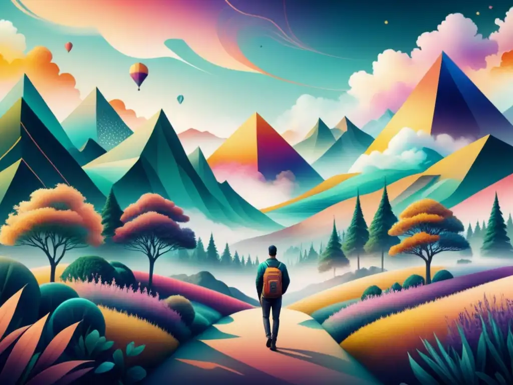 Una fusión simbiótica entre arte digital y diseño gráfico en un paisaje surrealista de colores vibrantes y detalles intrincados