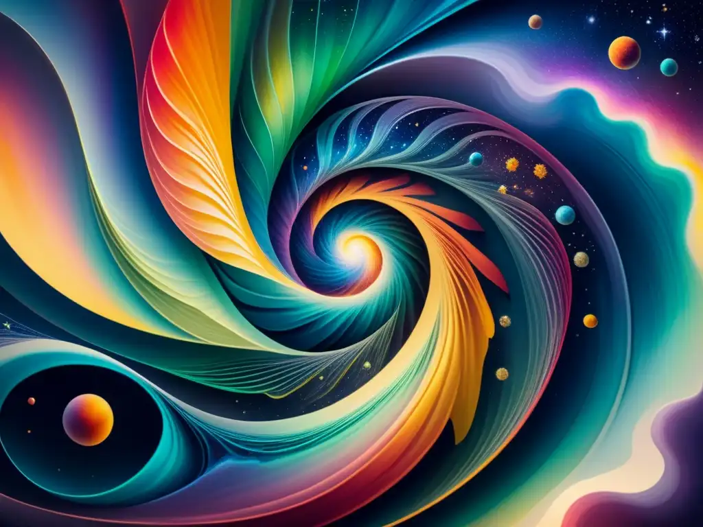 Galaxia de colores: fusión artística y científica Una fusión surrealista de arte y ciencia: una galaxia se entrelaza con colores vibrantes, patrones intrincados y pinceladas delicadas