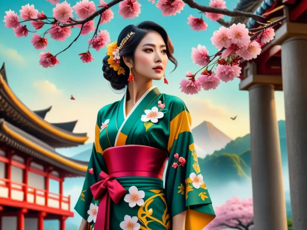 Una fusión vibrante de elementos culturales: cerezo japonés y papel picado mexicano, junto a una columna de mármol griego