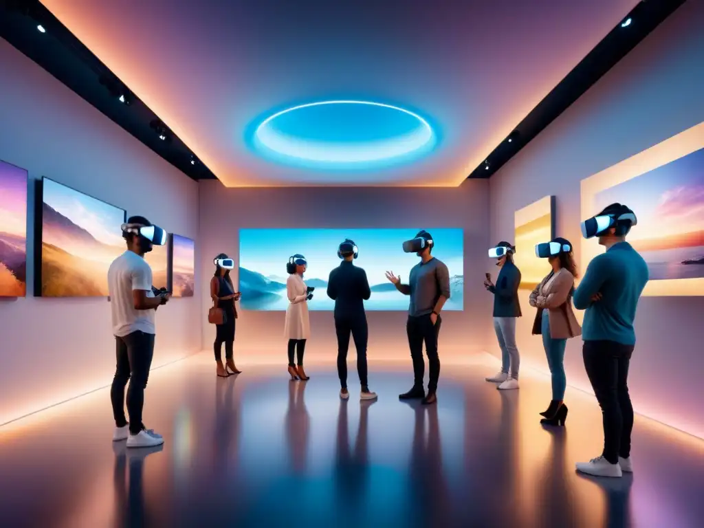 Un futurista arte visual con realidad virtual: galería con personas diversas interactuando con tecnología