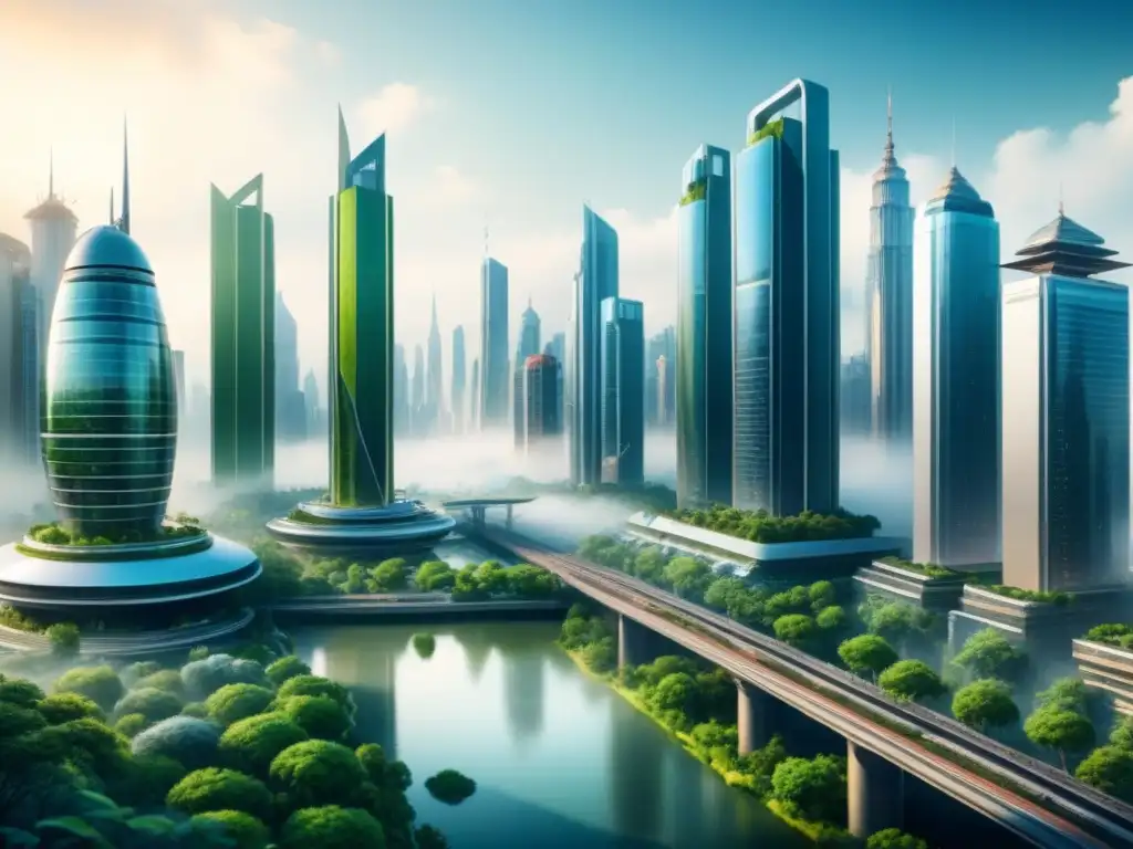 Futurista ciudad en acuarela fusionando tecnología y naturaleza