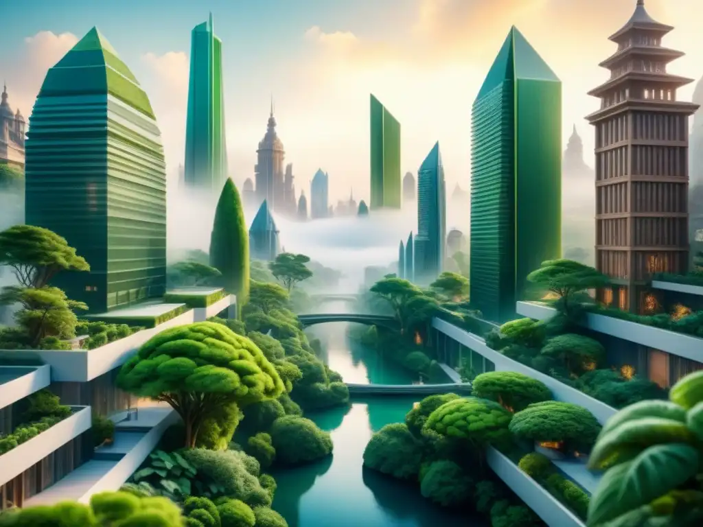 Futurista ciudad con arte impresión 3D, naturaleza y arquitectura sostenible en armonía ambiental