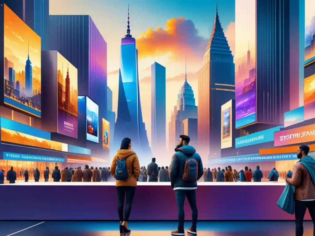 Futurista ciudad NFT con arte digital en pantallas, reflejando la revolución NFTs en arte visual