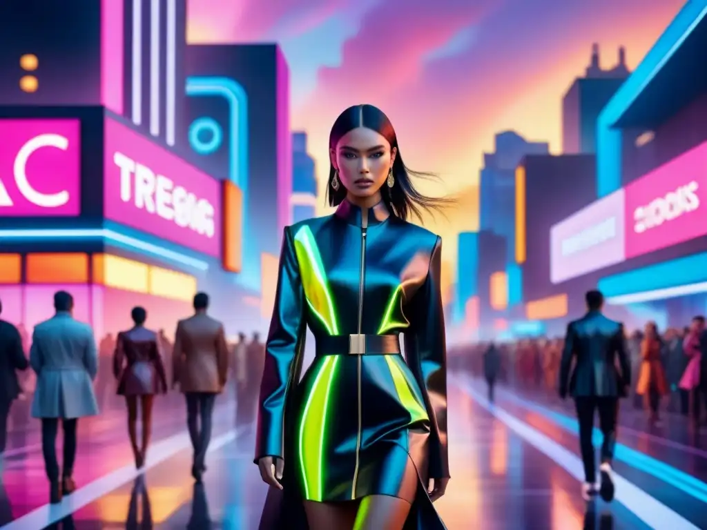 Futurista ciudad con arte digital, moda y tendencias del siglo en vibrante acuarela detallada