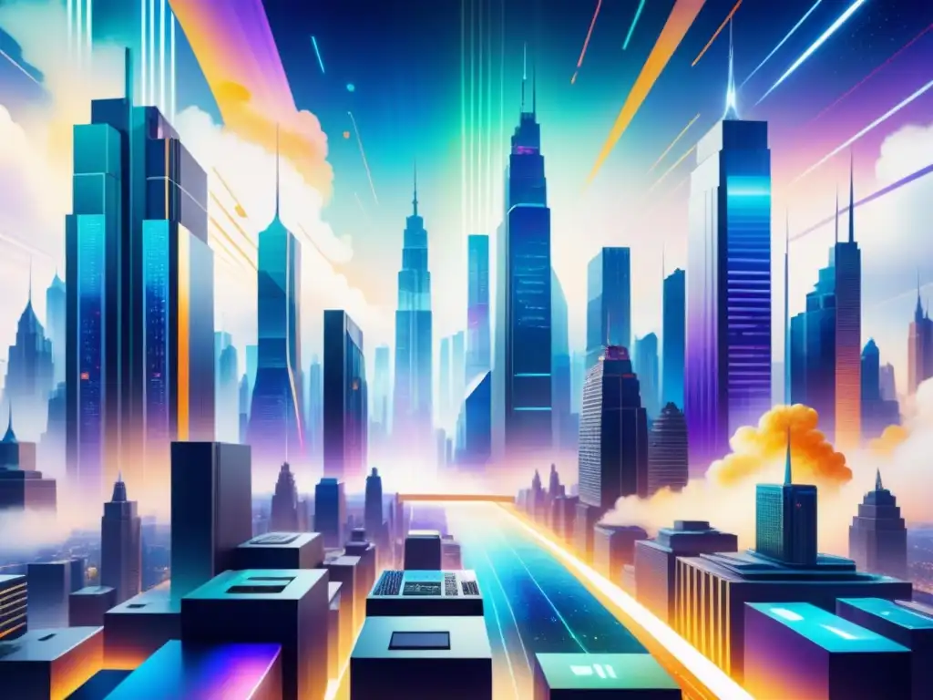 Futurista ciudad fusiona Big Data en arte visual, con colores vibrantes y tecnología