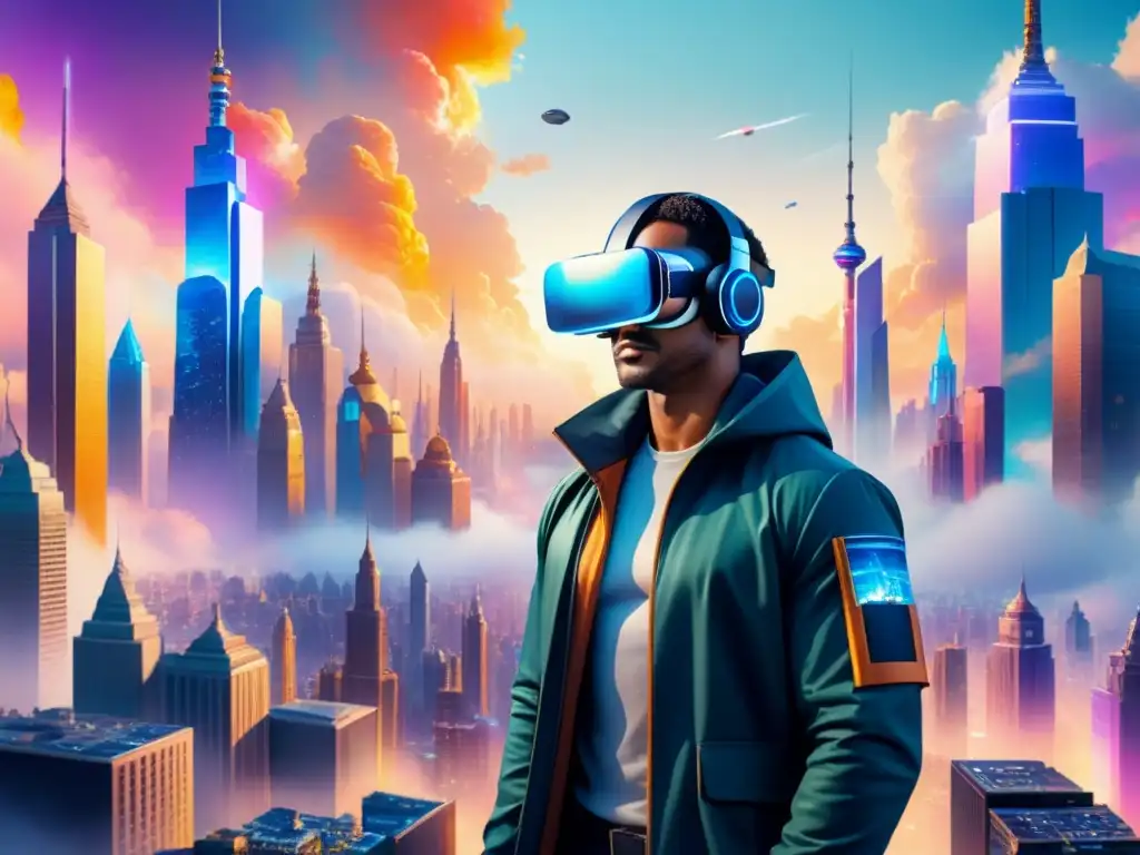 Futurista ciudad fusionada con elementos de realidad virtual, hologramas y tecnología en arte contemporáneo