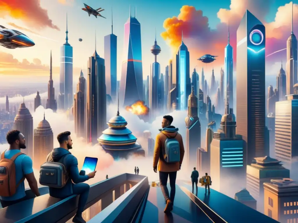 Futurista ciudad donde conviven humanos y seres artificiales en armonía, colaborando en un proyecto artístico