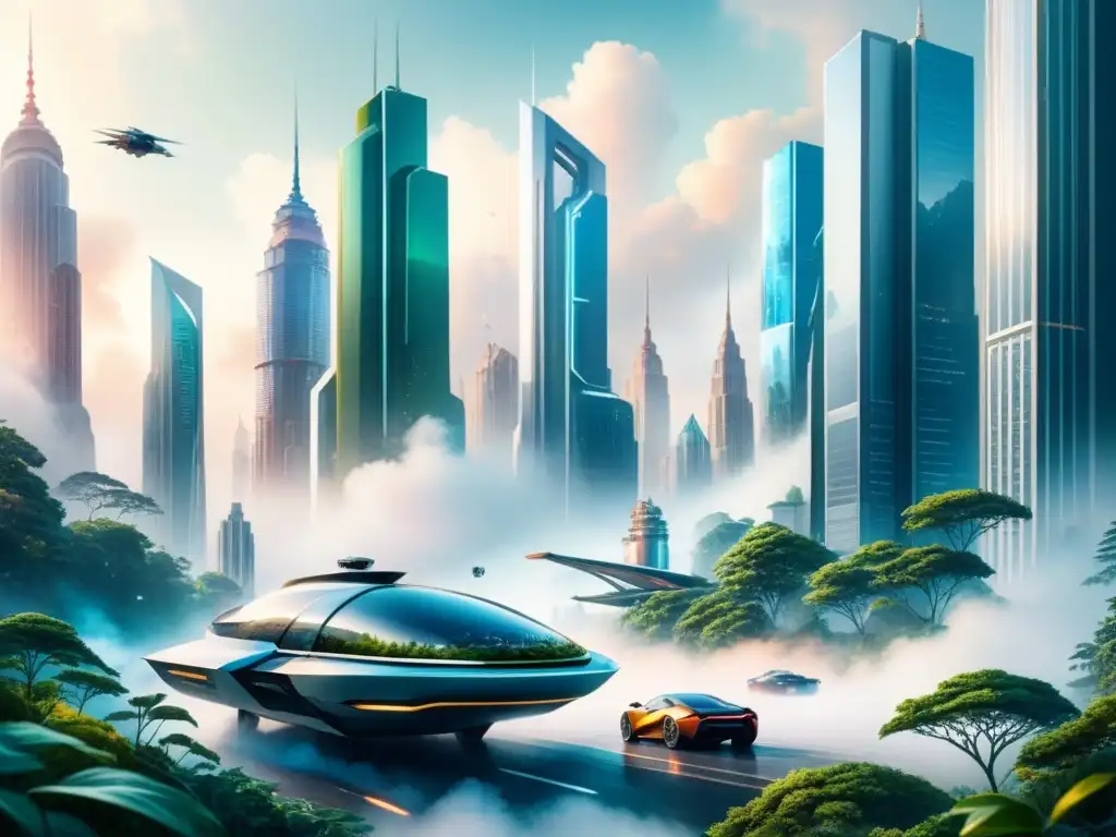 Futurista ciudad fusiona tecnología con naturaleza en pintura acuarela detallada