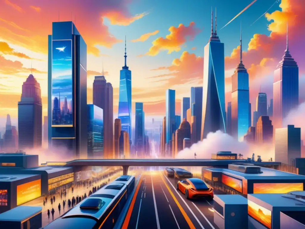 Futurista ciudad en América del Norte, fusionando arte y tecnología en imponentes rascacielos y calles bulliciosas al atardecer