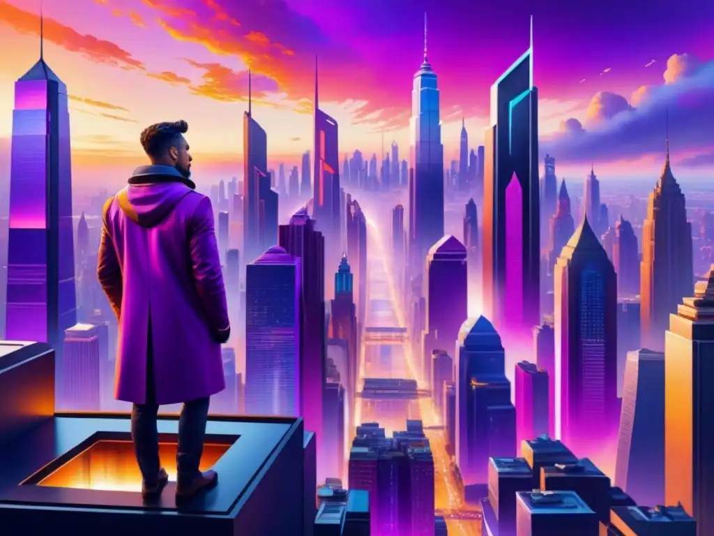 Futurista ciudad con rascacielos adornados de arte digital nuevas perspectivas históricas al atardecer