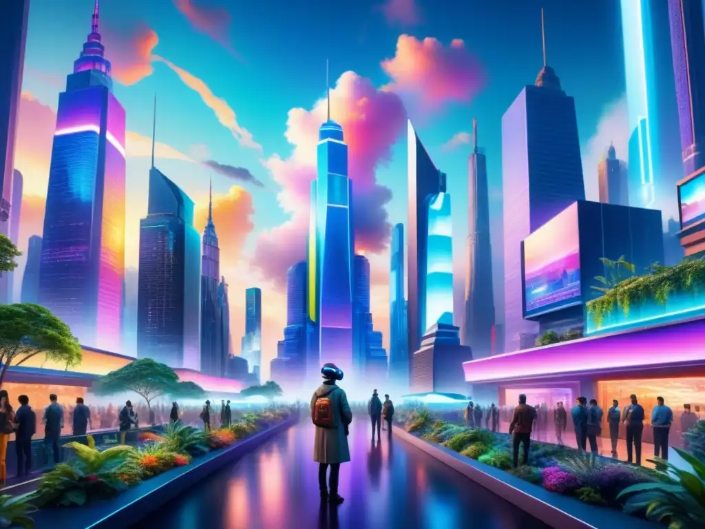 Futurista ciudad con rascacielos, vegetación, luces neón, personas en Realidad Virtual arte visual inmersivo