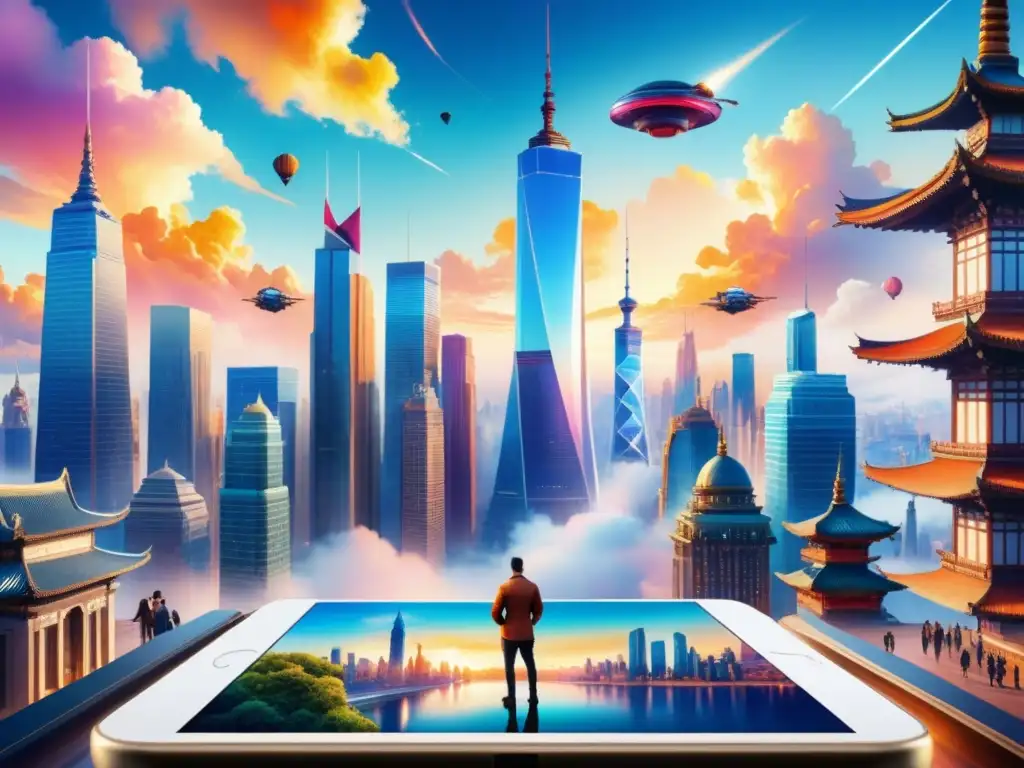 Futurista ciudad con realidad aumentada en arte visual, fusionando pasado y futuro