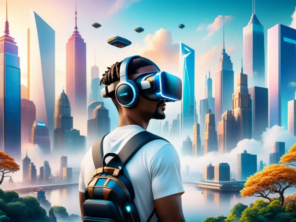 Futurista ciudad virtual fusionada con naturaleza, personas diversas usando visores de realidad virtual en experiencias culturales inmersivas