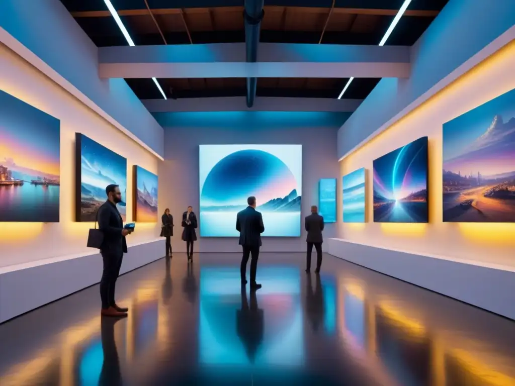 Un futurista y detallado cuadro en acuarela de una galería de arte innovadora, con instalaciones interactivas y esculturas digitales