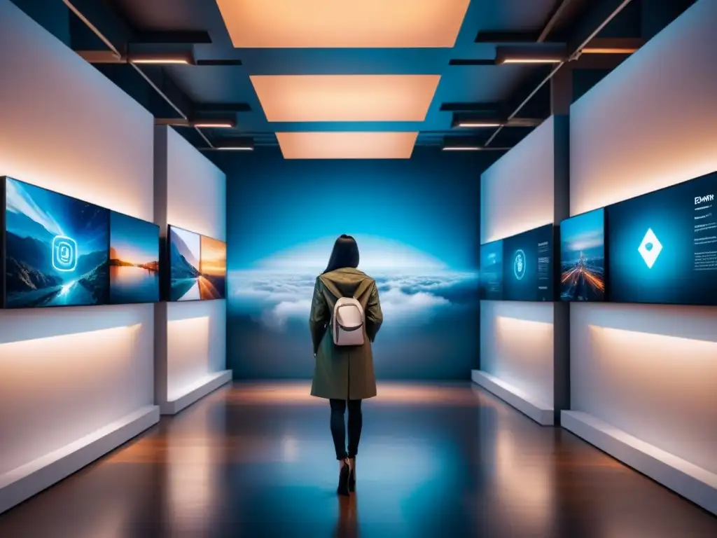 Futurista galería de arte digital revolucionando con blockchain en un acogedor y vanguardista ambiente de luz etérea