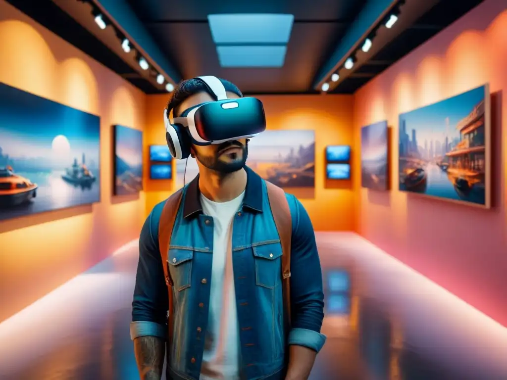 Futurista galería de arte con realidad virtual en arte visual, colores vibrantes y detallados detalles