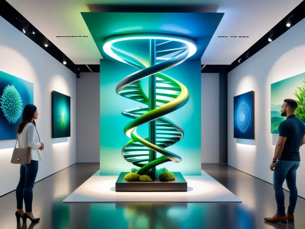 Futurista instalación de bioarte con formas orgánicas vibrantes e elementos tecnológicos en armonía