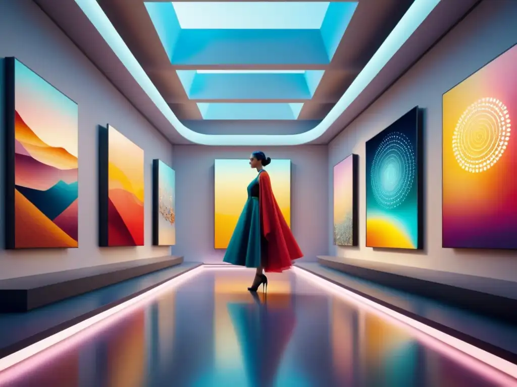 Galaxia de arte generativo en galería futurista Un futurista galería llena de arte generativo con NFTs en acuarela detallada