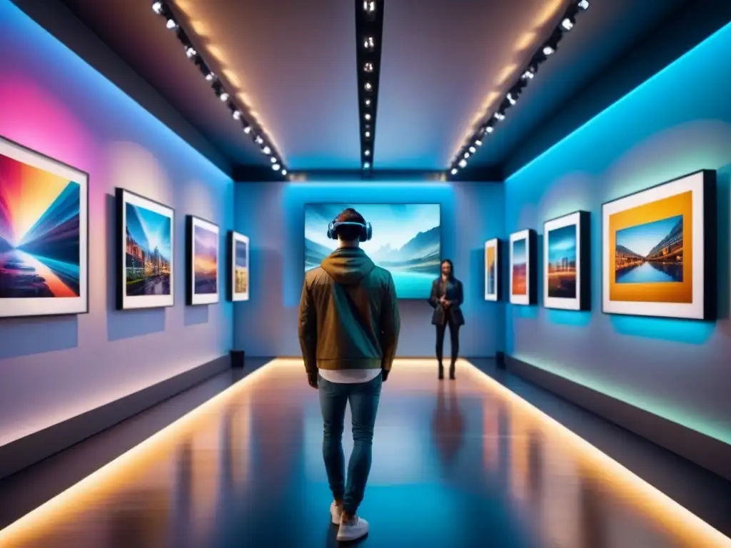 Un futurista museo de arte lleno de obras NFT abstractas generadas por inteligencia artificial, con visitantes virtuales y colores vibrantes