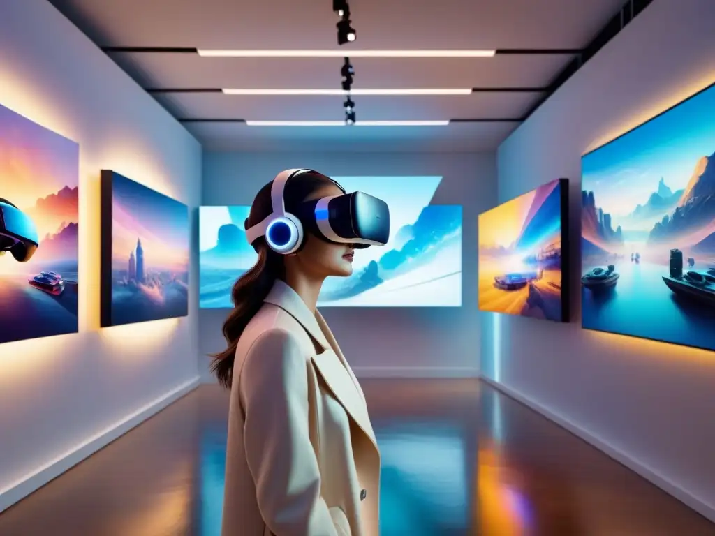 Un futurista museo de arte con obras de realidad virtual, fusionando técnicas culturales y tecnología innovadora