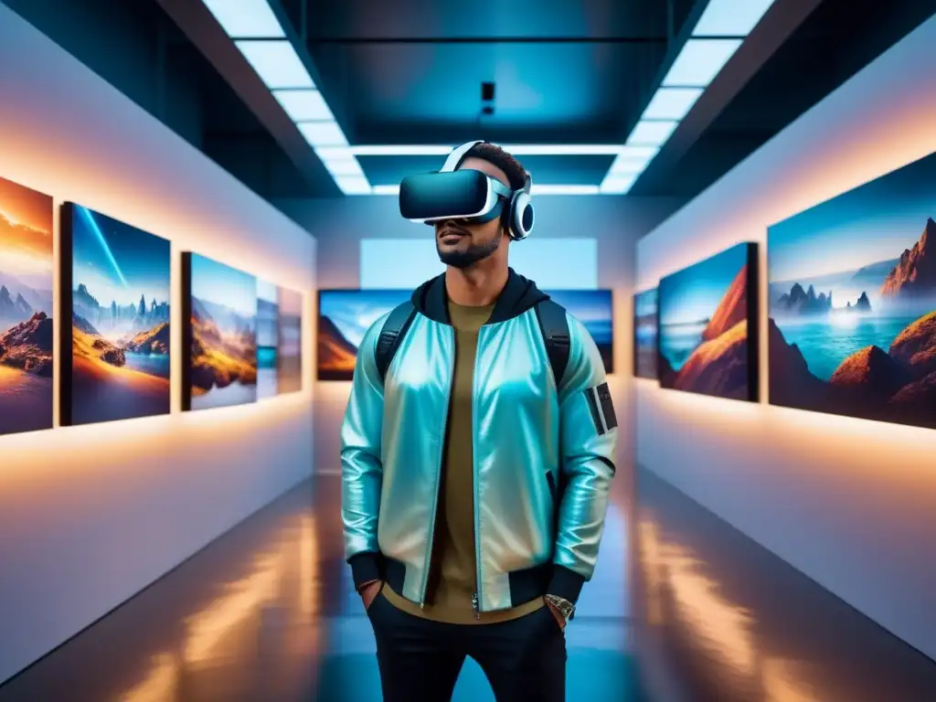 Un futuro galería de arte virtual con visitantes usando realidad virtual en arte visual