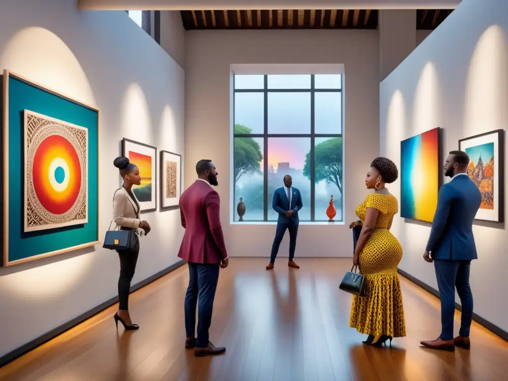 Una galería de arte africano contemporáneo vibrante con obras coloridas y visitantes diversos disfrutando de la creatividad y la cultura