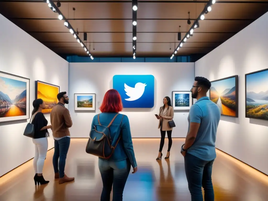 Una galería de arte bulliciosa con esculturas de sonido, visitantes diversos y redes sociales flotando, fusionando arte sonoro y redes sociales