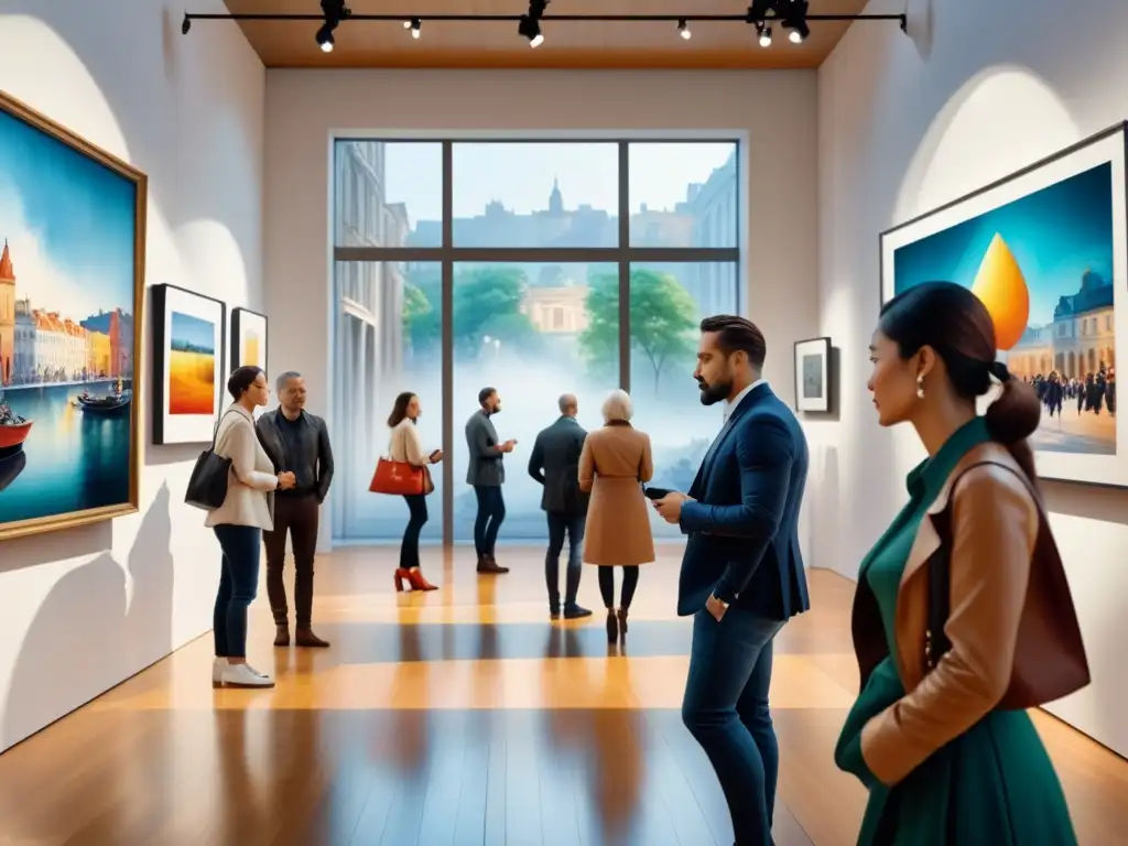 Una galería de arte bulliciosa, con obras diversas y visitantes admirando y debatiendo