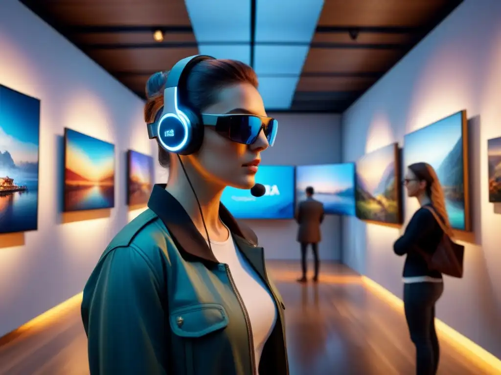 Una galería de arte bulliciosa con visitantes usando AR headsets, interactuando con instalaciones virtuales