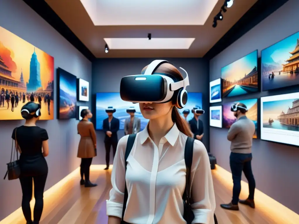 Una galería de arte bulliciosa donde los visitantes disfrutan de exposiciones de arte en realidad virtual