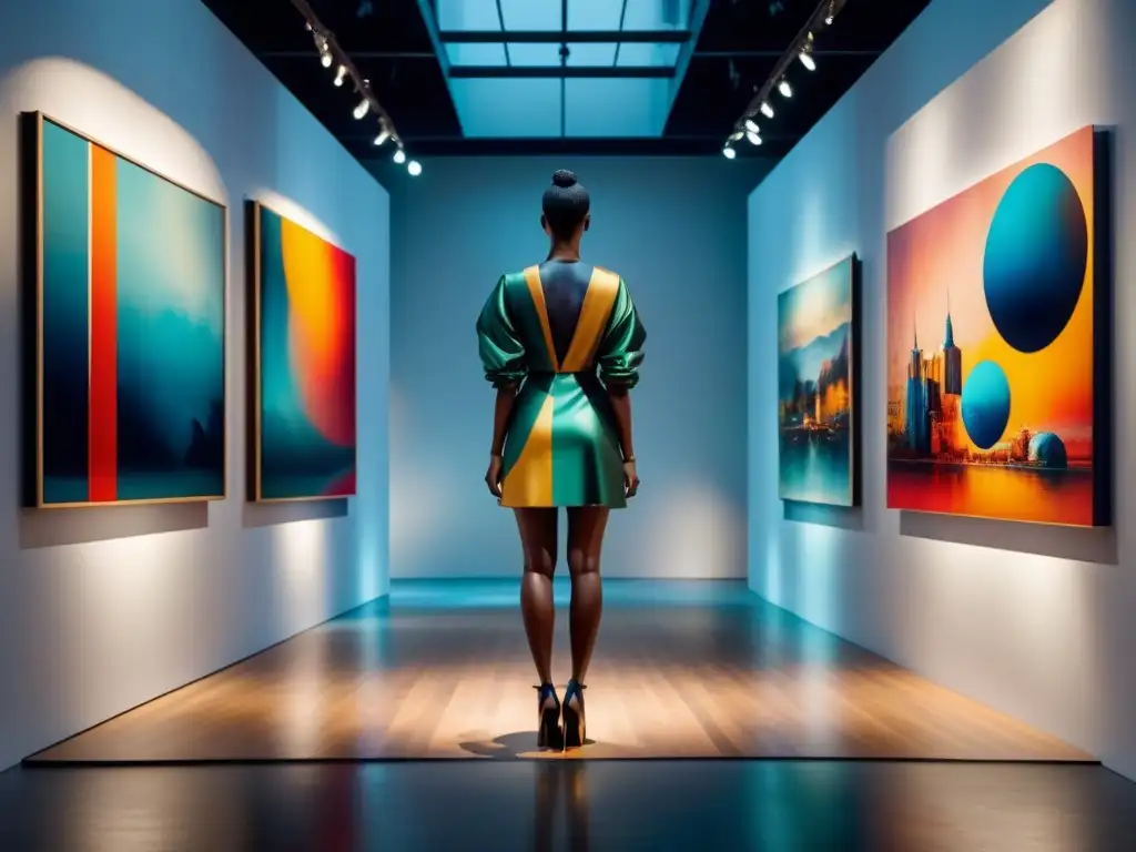 Galería de arte contemporáneo emergente llena de obras coloridas y vibrantes, iluminada por luz natural