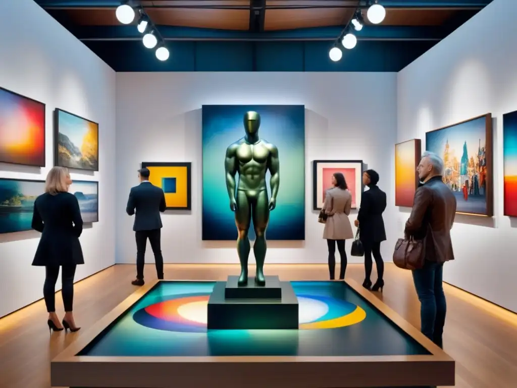 Una galería de arte contemporáneo llena de obras vibrantes y visitantes, capturando la esencia de coleccionar arte contemporáneo emergente