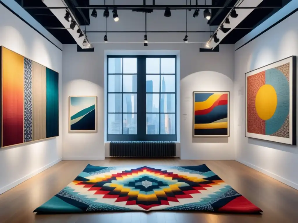 Una galería de arte contemporáneo llena de uso textil arte contemporáneo, creando una atmósfera vibrante y texturizada