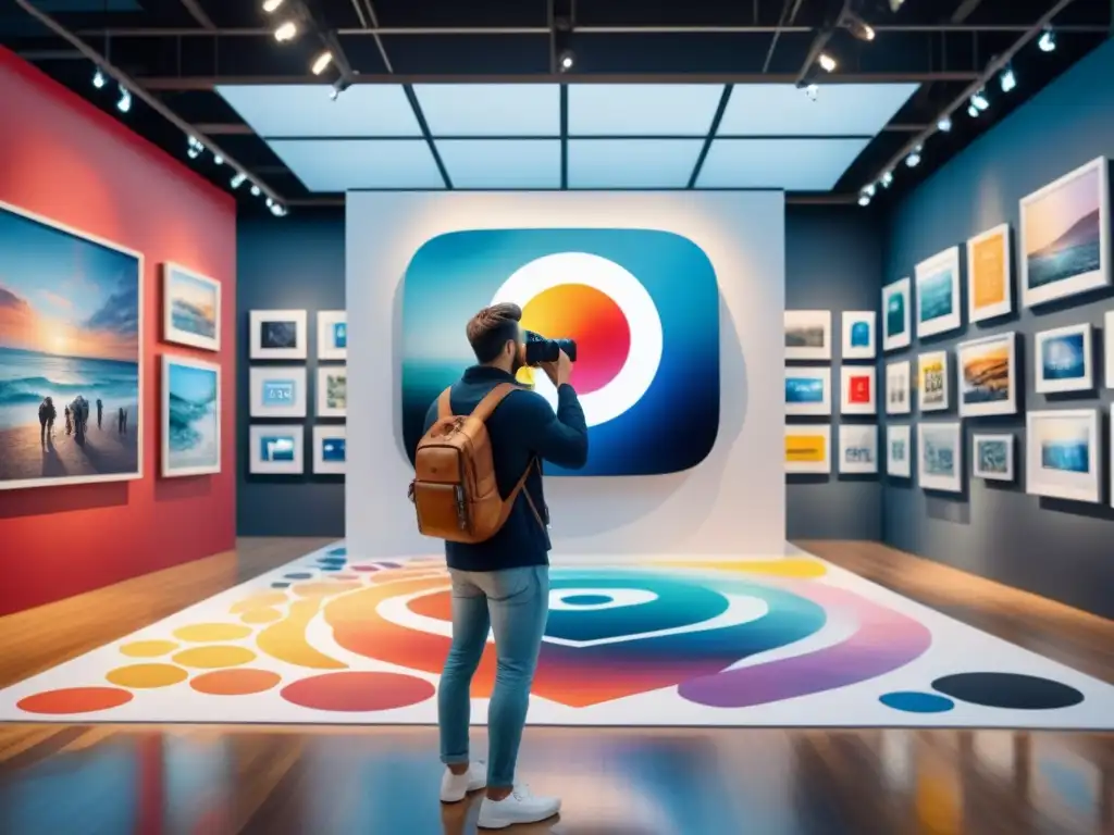 Una galería de arte contemporáneo vibrante, donde la fotografía y las redes sociales se entrelazan en una escena colorida y dinámica