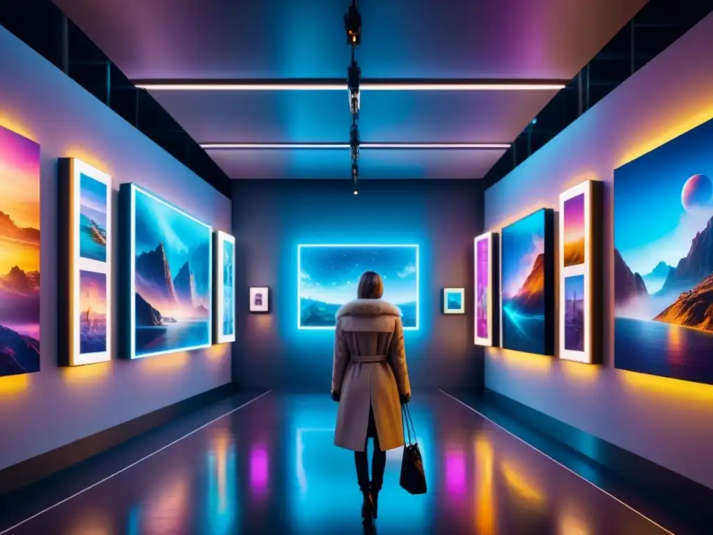 Una galería de arte digital futurista llena de NFT vibrantes, con luces de neón y entusiastas admirando