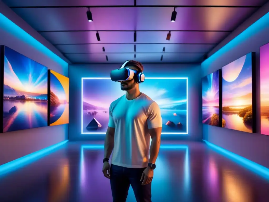 Una galería de arte digital futurista llena de NFT vibrantes flotando en el espacio digital, rodeada de auriculares de realidad virtual e luces de neón, creando una atmósfera etérea