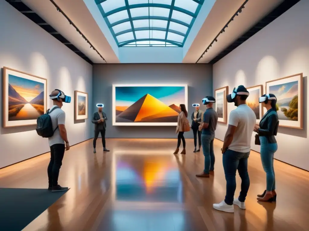 Una galería de arte dual: obras tradicionales y realidad virtual se entrelazan en una escena vibrante