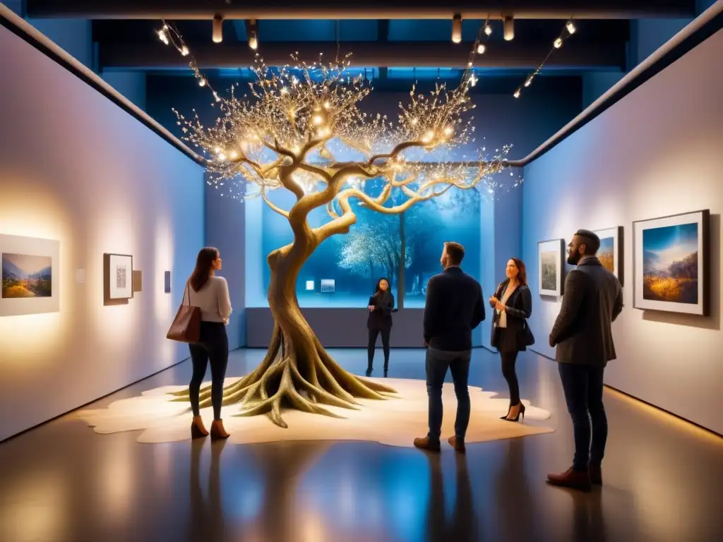 Una galería de arte enigmática con instalaciones artísticas, esculturas luminosas y visitantes explorando