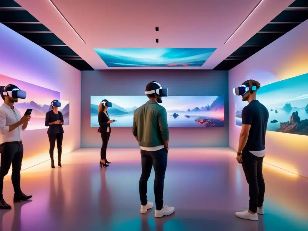 Una galería de arte futurista en acuarela, con esculturas vibrantes y realidad virtual