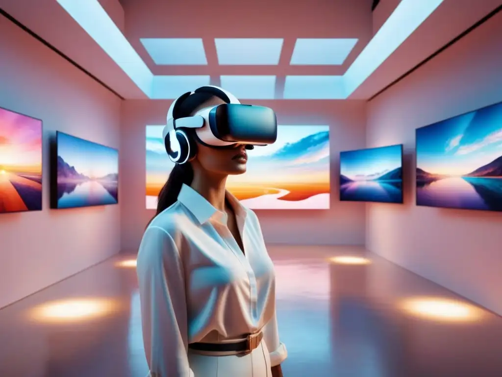 Una galería de arte futurista en acuarela, llena de auriculares de realidad virtual mostrando obras digitales vibrantes en el aire