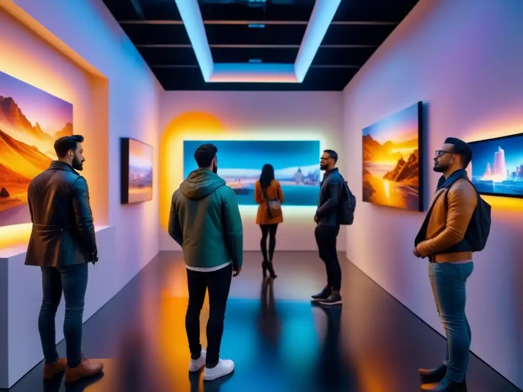 Una galería de arte futurista con impresión 3D arte interactivo y luces LED coloridas