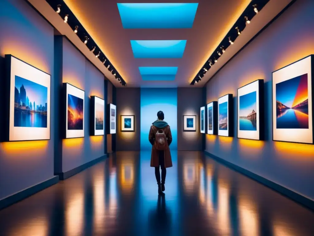 Fotografía de una galería de arte futurista con NFT y derechos de autor, iluminada con luz etérea y obras digitales vibrantes