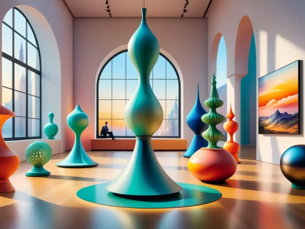 Una galería de arte futurista con esculturas impresión 3D arte moderno, bañada en luz natural y colores vibrantes