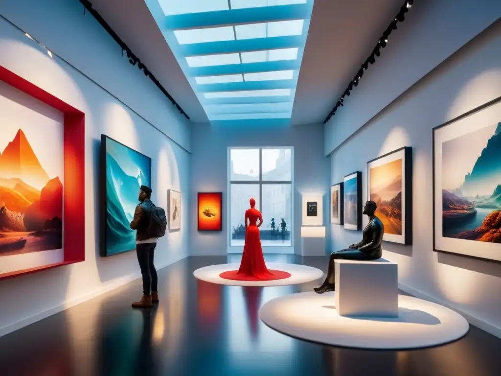 Galería de arte futurista: esculturas 3D y obras digitales Una galería de arte futurista con esculturas de impresión 3D y obras digitales vibrantes, iluminada por la luz natural