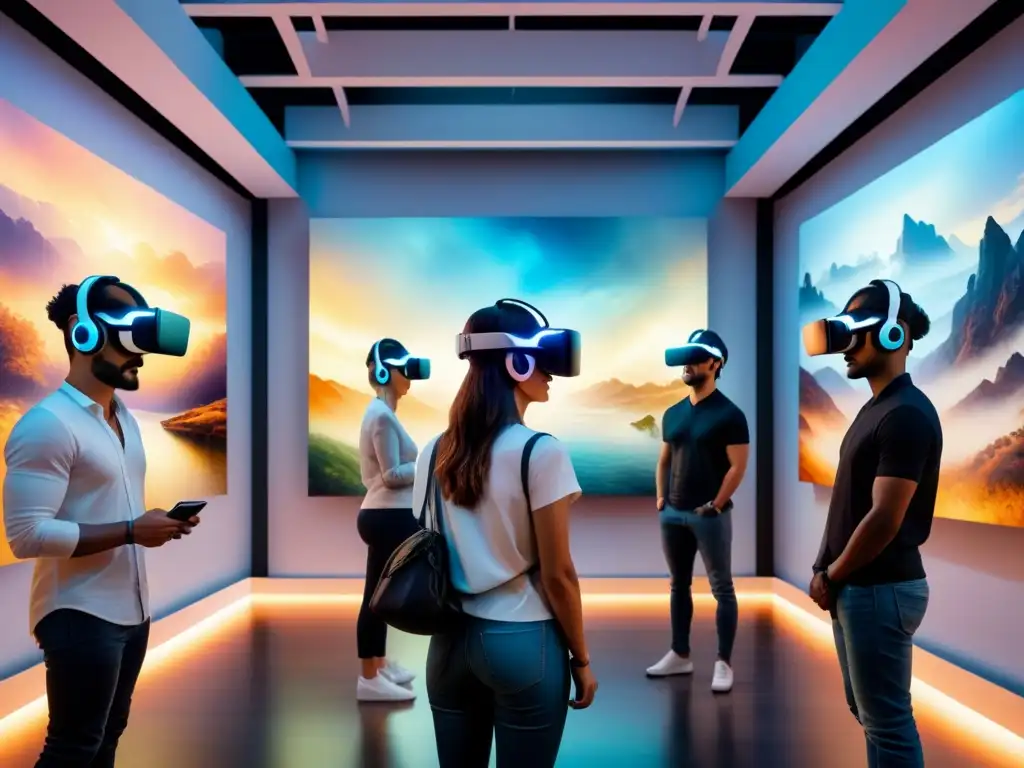 Una galería de arte futurista con experiencias de realidad virtual, donde los visitantes interactúan con creaciones digitales vibrantes