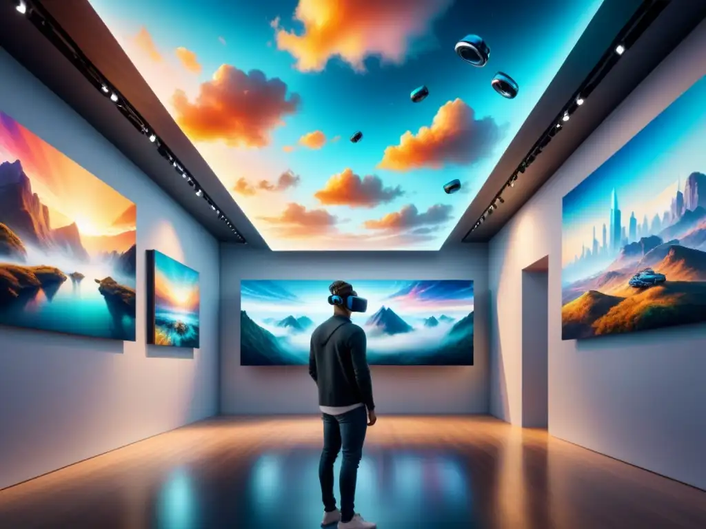 Una galería de arte futurista con experiencias de realidad virtual, fusionando lo clásico con lo digital en un ambiente encantadormente iluminado